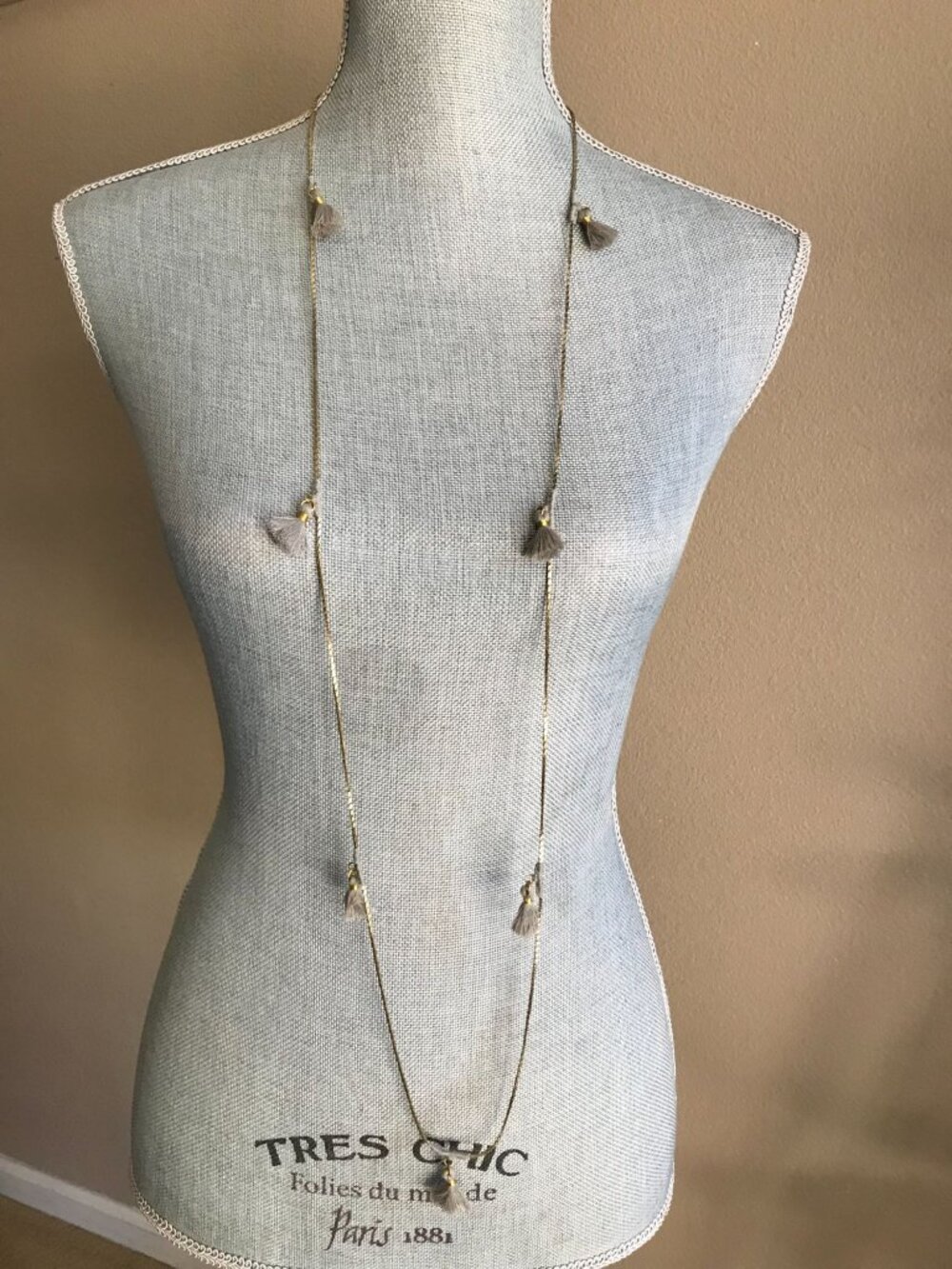 NWT Anthropologie Jewelry Boho Necklace Long Thin Gold Strand w/ Gray Tassels